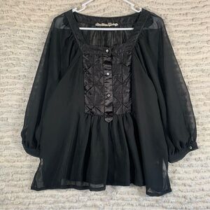 WOMENS MEDIUM BLACK SHEER BLOUSE ROMANTIC FEMININE FAIRY COTTAGE 3/4 SLEEVE FLOW